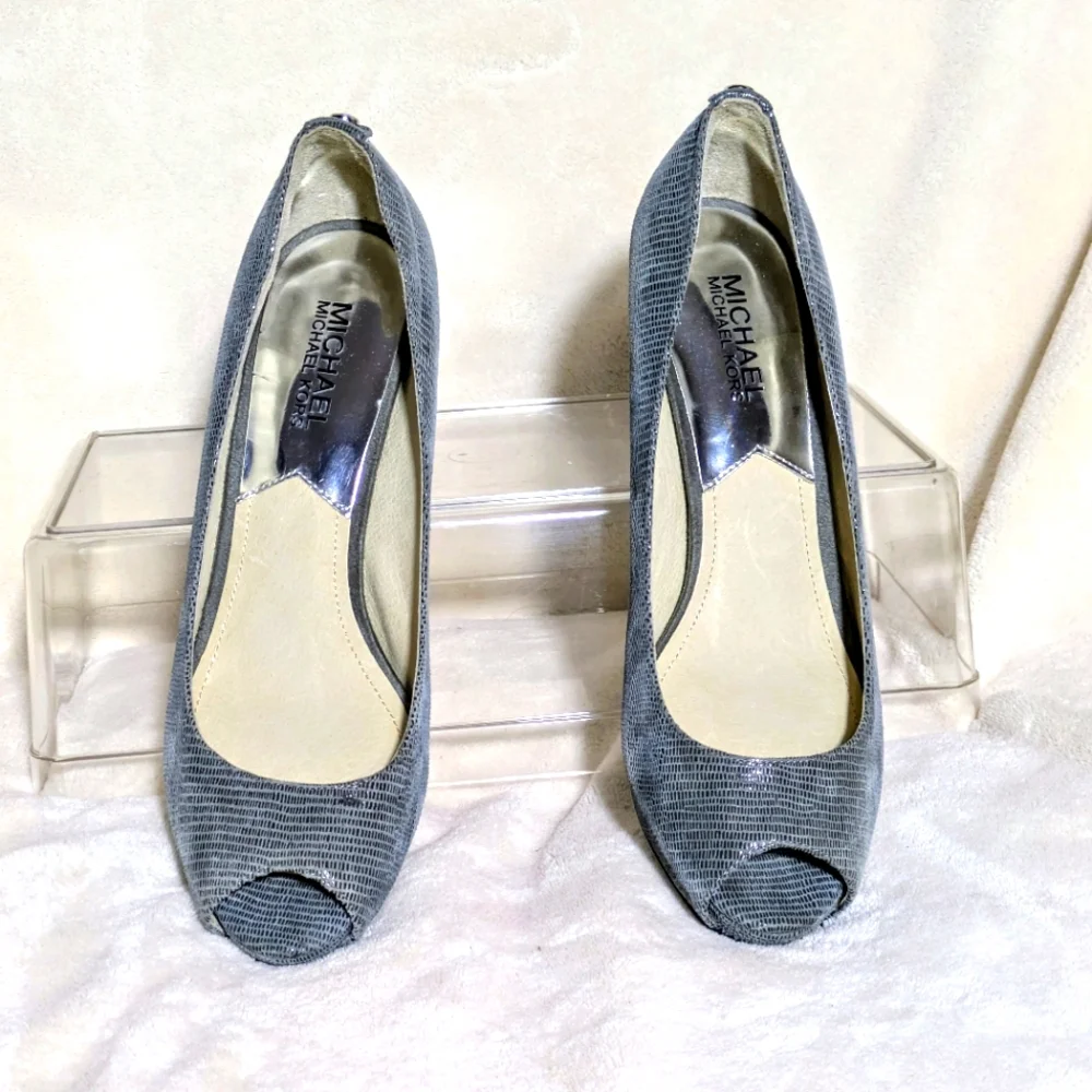 Michael Kors Leather Peep Toe Heels, Gray, Snakeskin Pattern, Business, Sz‎ 7.5
